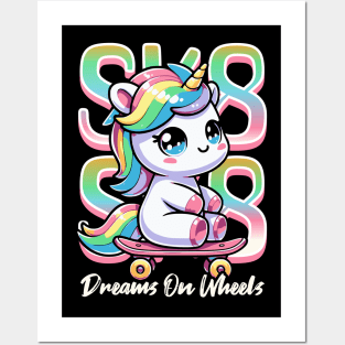 Unicorn Riding A Skateboard Posters and Art